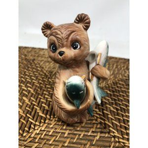 Vintage Ceramic Bear with Salmon Salt and Pepper Shakers